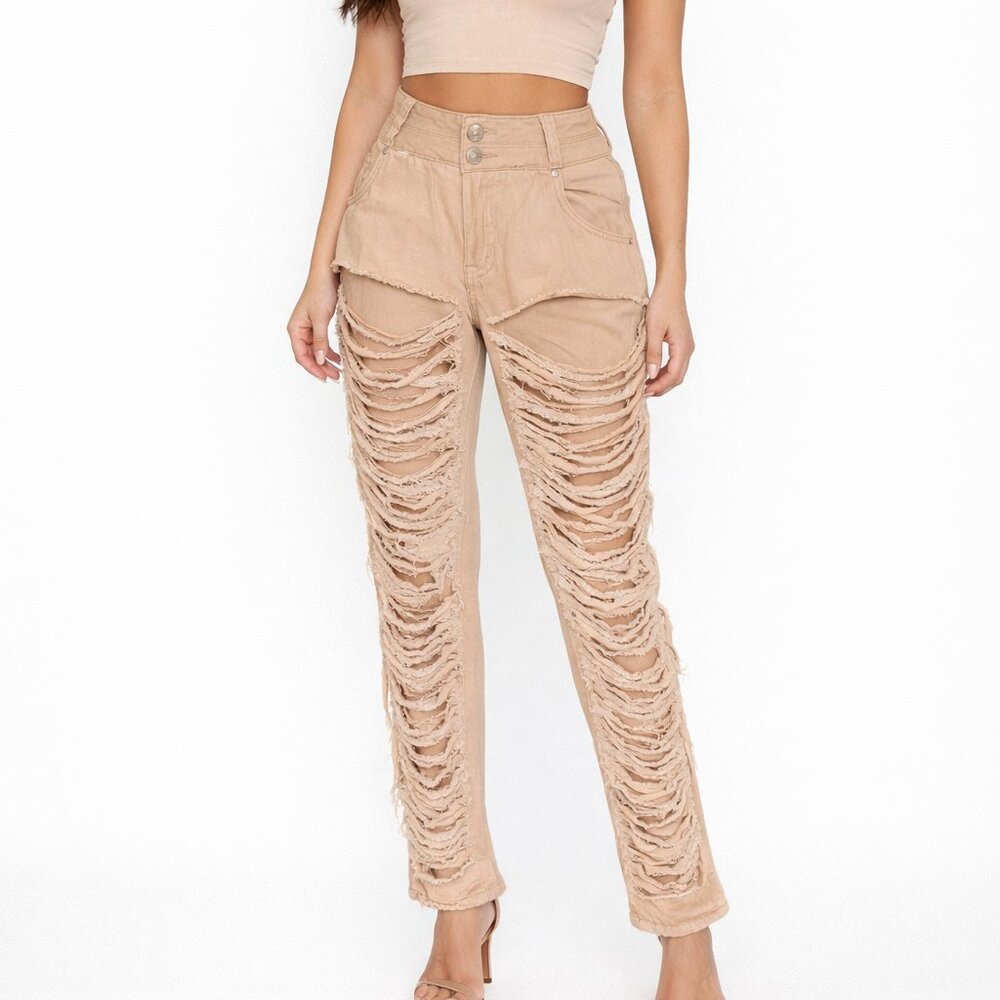 DAZL Shredded Ladder Cut Out Distressed Tan Pants Size 14
